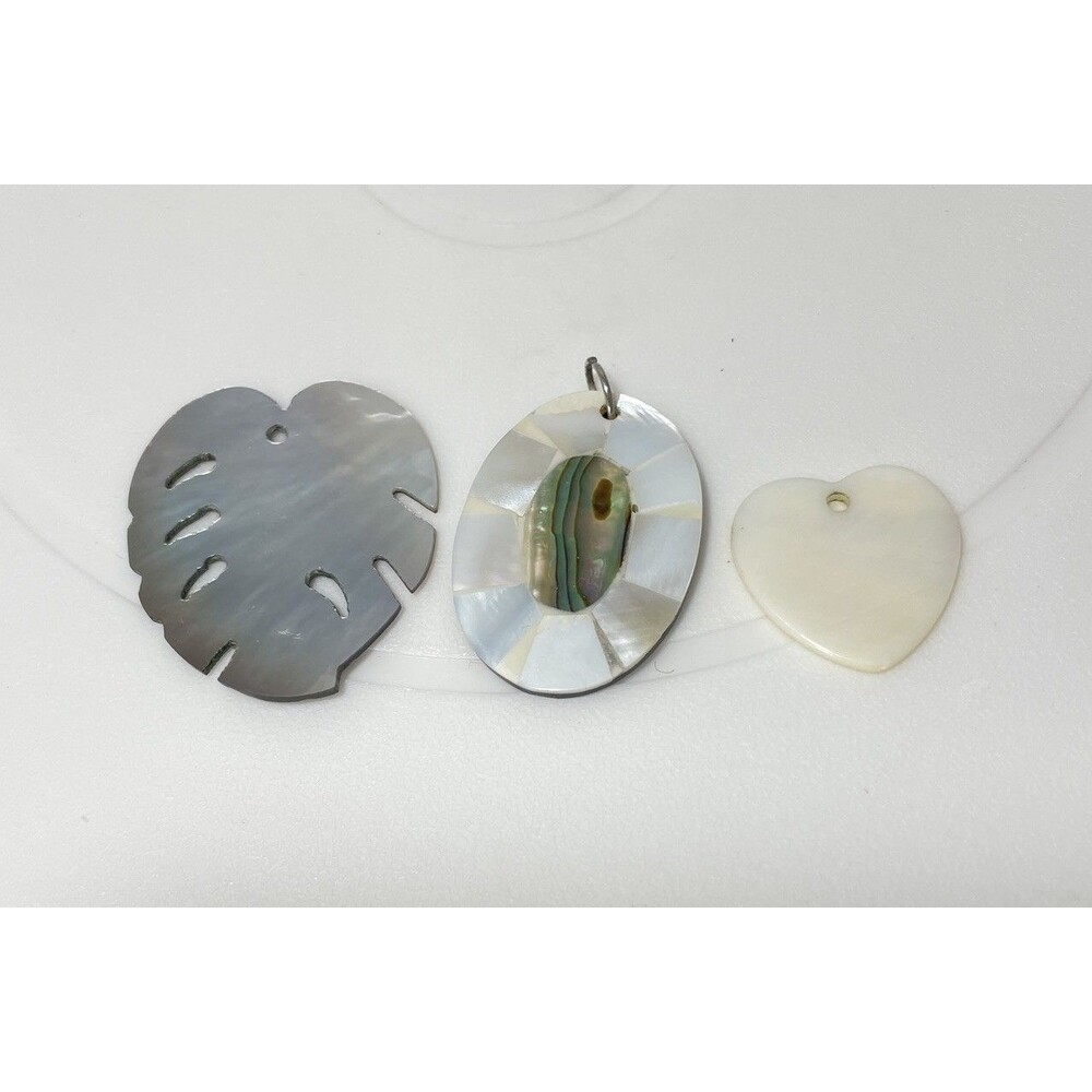 Lot of 3 Mother of Pearl Shell Pendant Lot Abalone Inlay Leaf Heart Jewelry